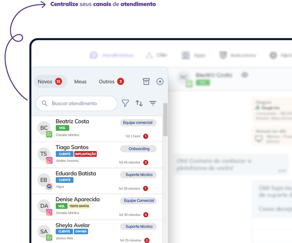 Central de atendimento SplitAPP com conversas de WhatsApp e Instagram na mesma fila, marcadas por equipe responsável