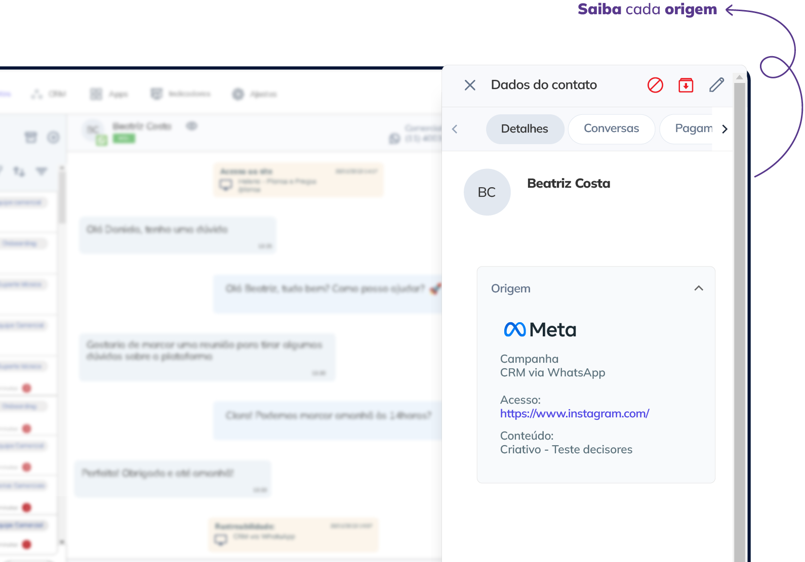 Ficha de contato da SplitAPP mostrando a origem da conversa: campanha, canal e criativo